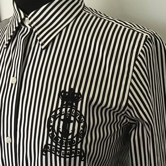 Vintage 90s Lauren Ralph Lauren Embroidered Crest Logo B&W Long Sleeve Shirt - Picture 3 of 8